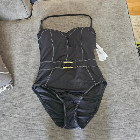 Bleu Rod Beattie Women's A Fine Line Black Belted One Piece Swimsuit Size 8 - Picture 1 of 8